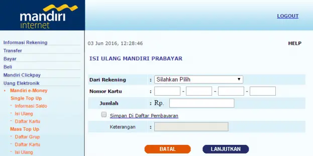 Isi Ulang e-Money di Mandiri Internet