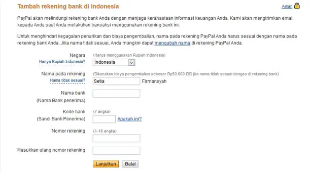 Tambah Rekening Bank - PayPal