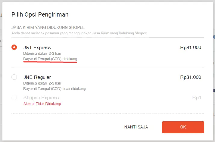 Opsi Pengiriman COD Shopee