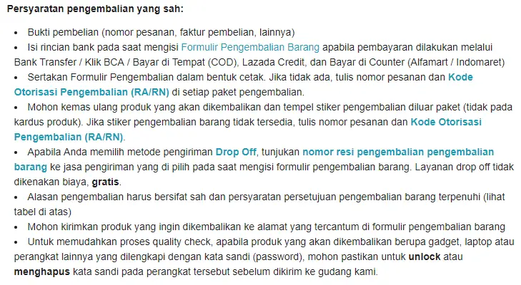 Syarat Pengembalian Barang Lazada