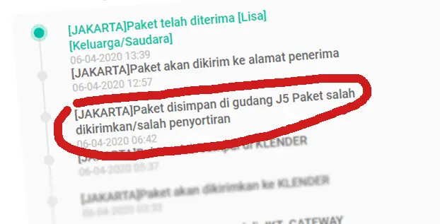 Status J&T: Paket disimpan di Gudang J5 Salah dikirimkan/Salah Penyortiran